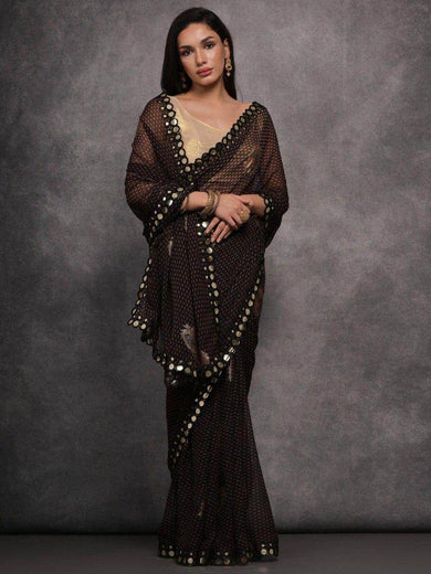 Beautiful Black Foil Printed Georgette Reception Wear Saree With Blouse